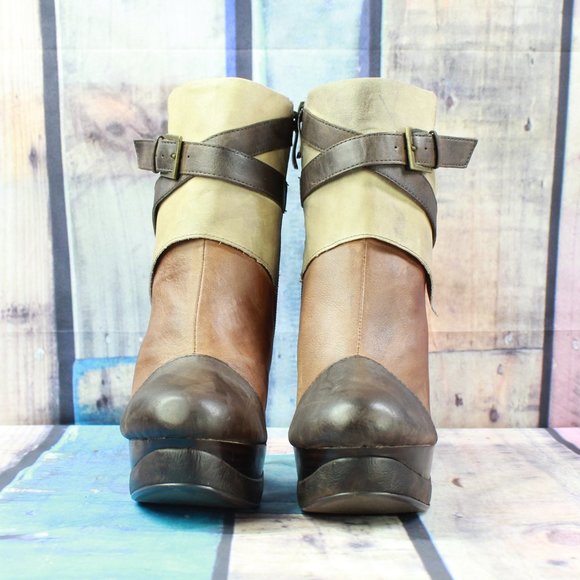 Two Lips Brown Leather Strappy Foldover Flatform Heeled Booties Size 9 - Picture 4 of 10